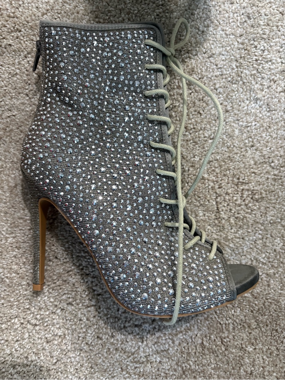 Silver Crystal Lace-Up Peep Toe Booties